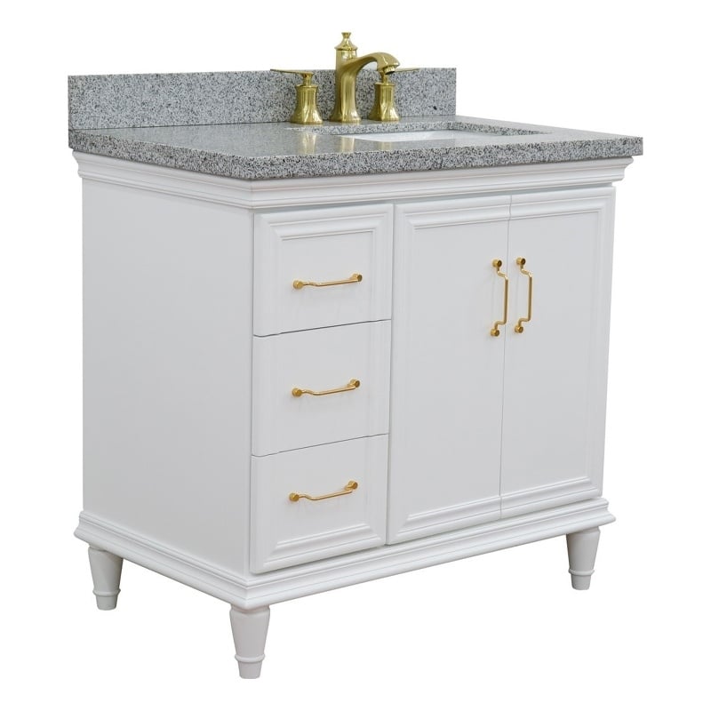 37 in. Single Wooden Vanity  White Gray Granite Rectangle Right Door.Right Sink