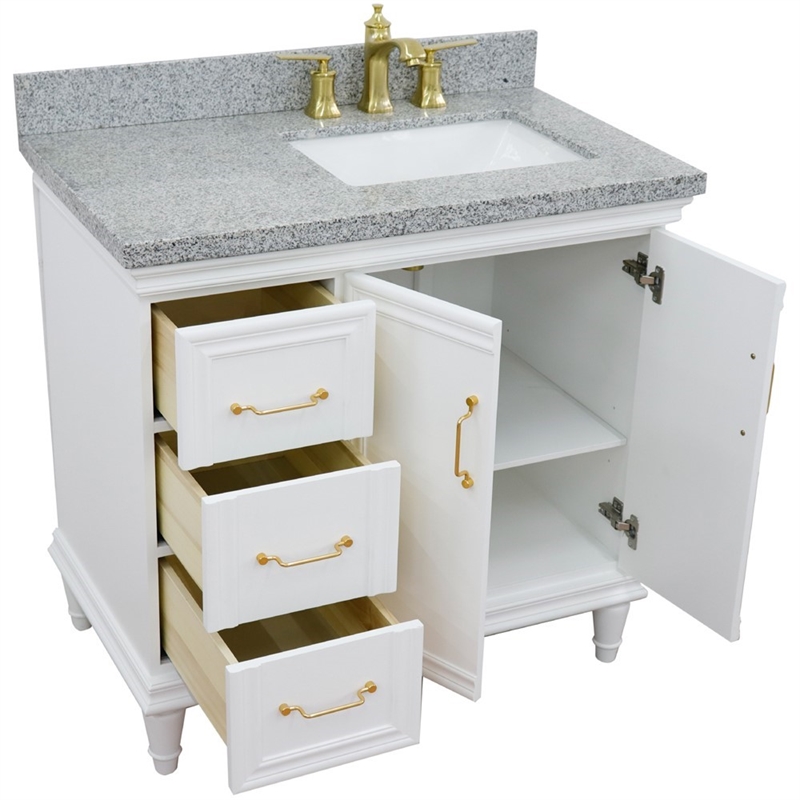 37 in. Single Wooden Vanity  White Gray Granite Rectangle Right Door.Right Sink