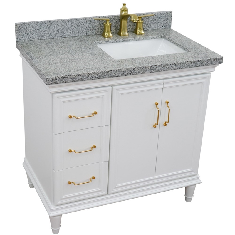 37 in. Single Wooden Vanity  White Gray Granite Rectangle Right Door.Right Sink