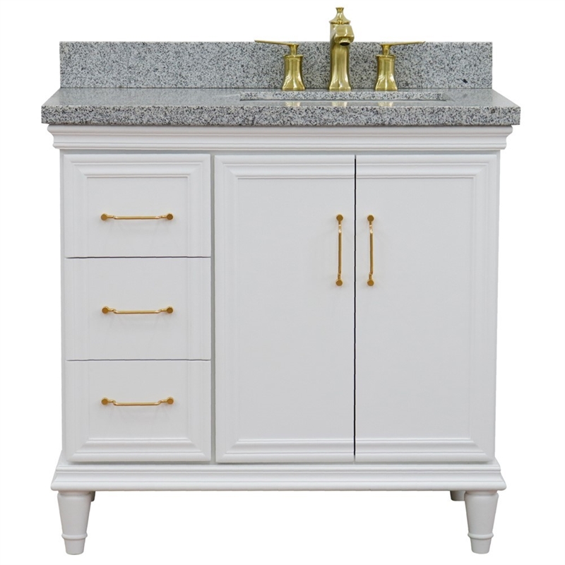 37 in. Single Wooden Vanity  White Gray Granite Rectangle Right Door.Right Sink