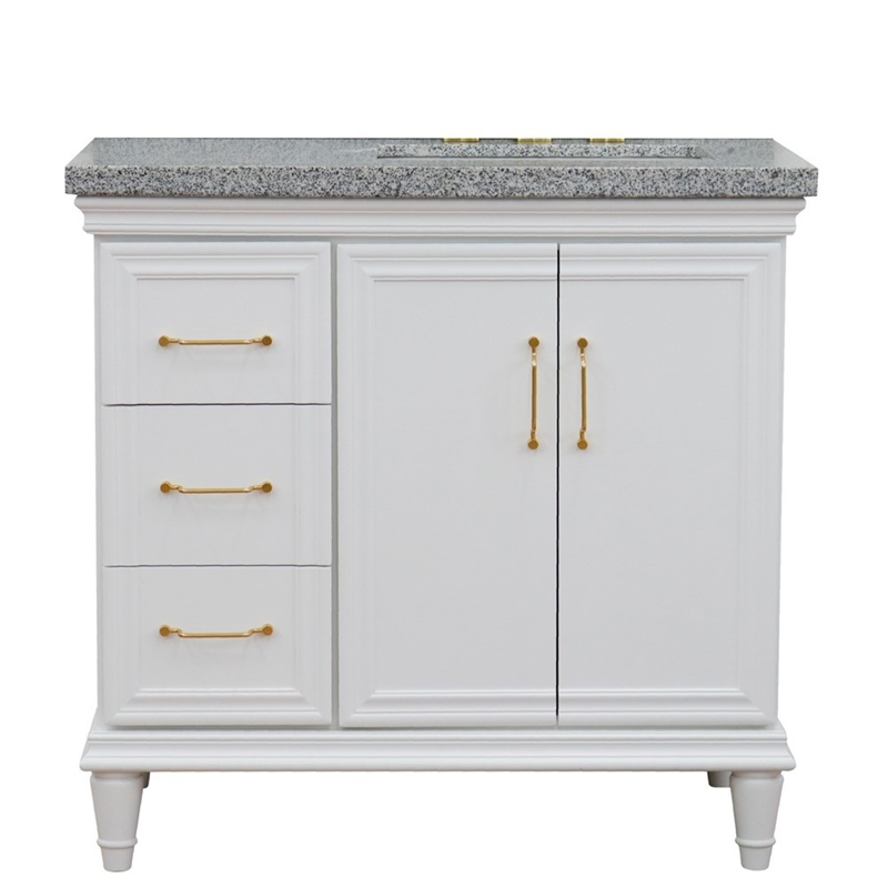 37 in. Single Wooden Vanity  White Gray Granite Rectangle Right Door.Right Sink
