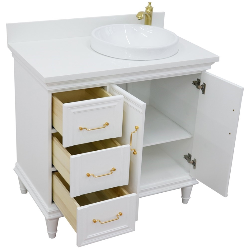 37 in. Single Wooden Vanity  White White Quartz Round Right Door.Right Sink