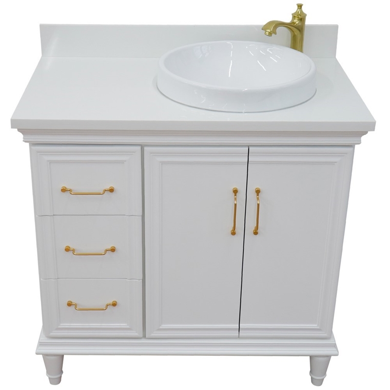 37 in. Single Wooden Vanity  White White Quartz Round Right Door.Right Sink
