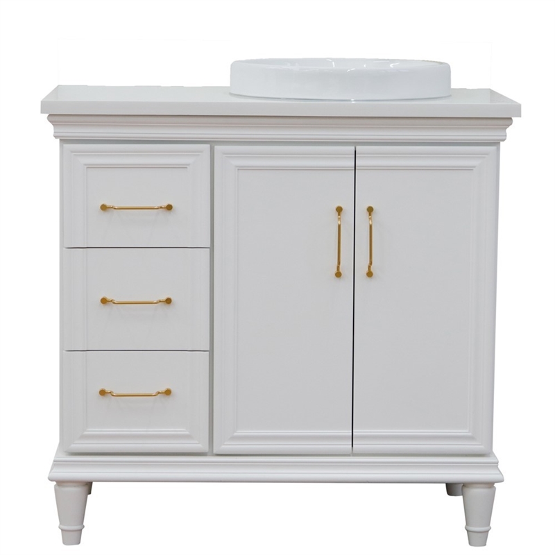 37 in. Single Wooden Vanity  White White Quartz Round Right Door.Right Sink