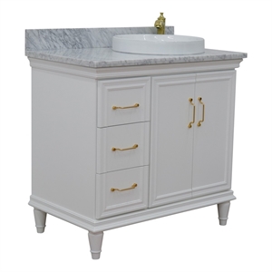 37 in. Single Wooden Vanity  White White Carrara Round Right Door.Right Sink