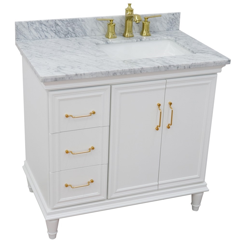 37 in. Single Wooden Vanity  White White Carrara Rectangle Right Door.Right Sink