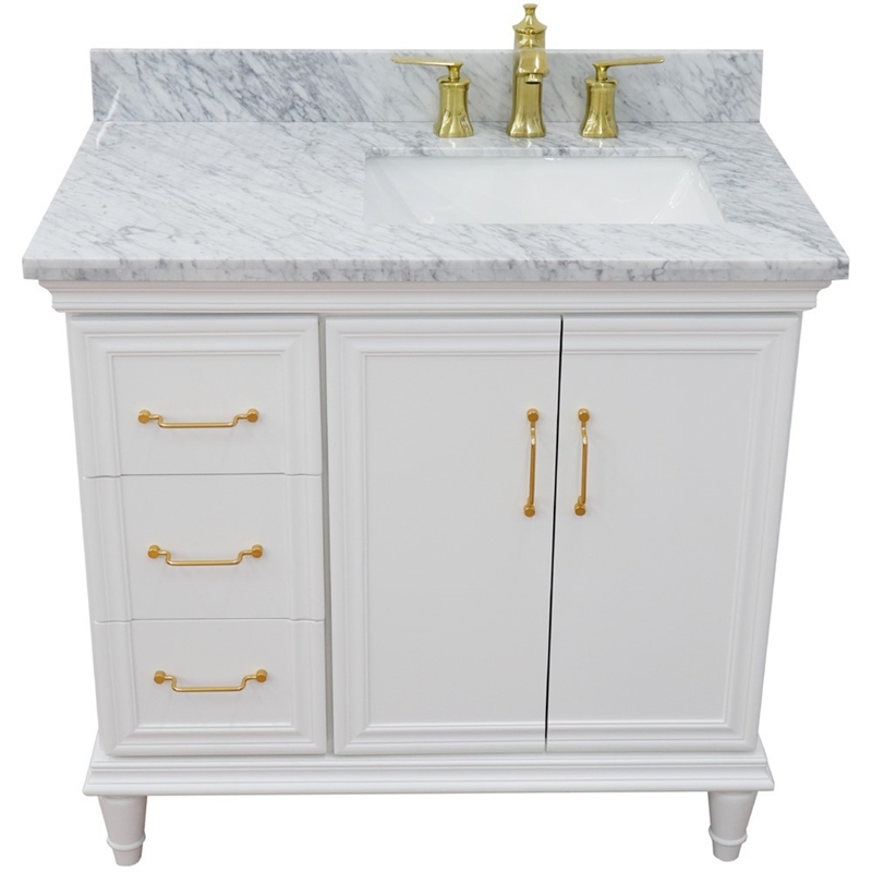 37 in. Single Wooden Vanity  White White Carrara Rectangle Right Door.Right Sink