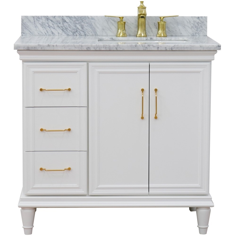 37 in. Single Wooden Vanity  White White Carrara Rectangle Right Door.Right Sink