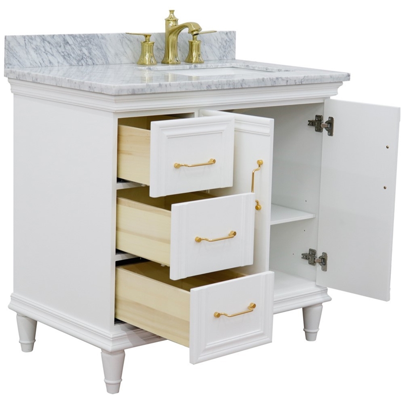 37 in. Single Wooden Vanity  White White Carrara Rectangle Right Door.Right Sink