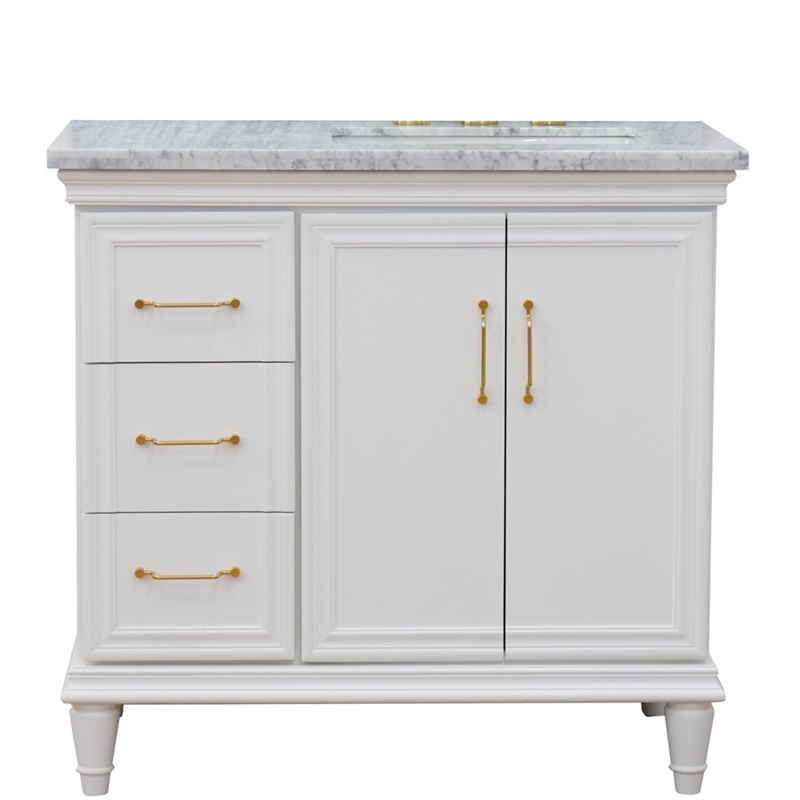 37 in. Single Wooden Vanity  White White Carrara Rectangle Right Door.Right Sink