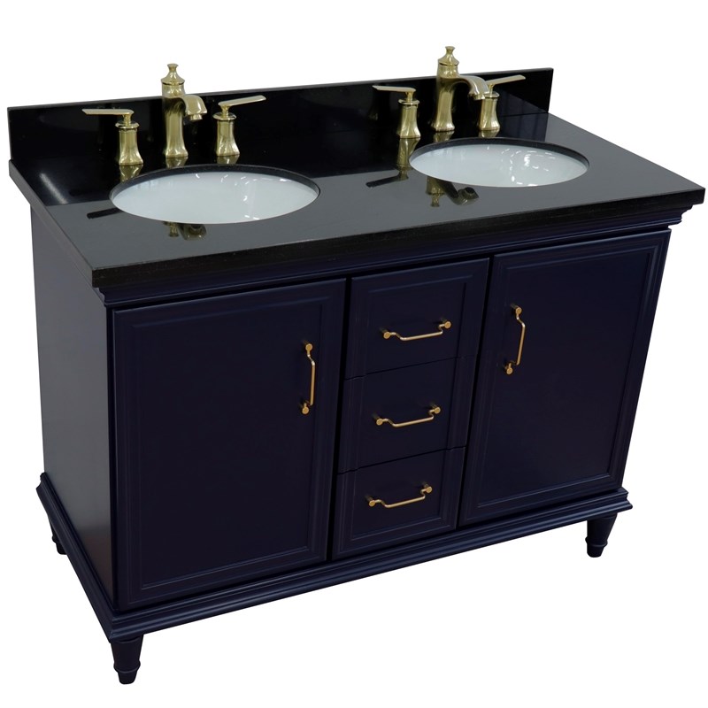 49 in. Double Wooden Vanity Blue with Black Galaxy Oval Sink