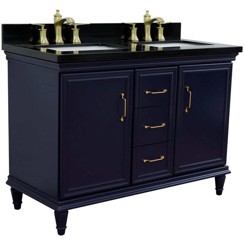 49 in. Double Wooden Vanity Blue with Black Galaxy Rectangle Sink