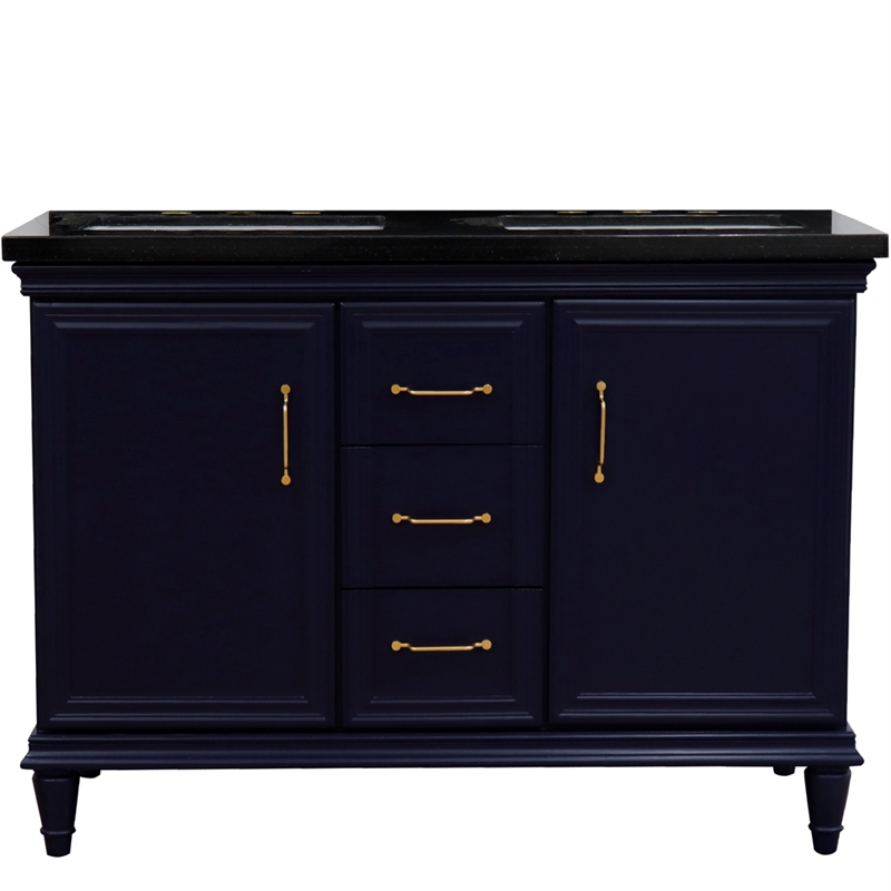 49 in. Double Wooden Vanity Blue with Black Galaxy Rectangle Sink