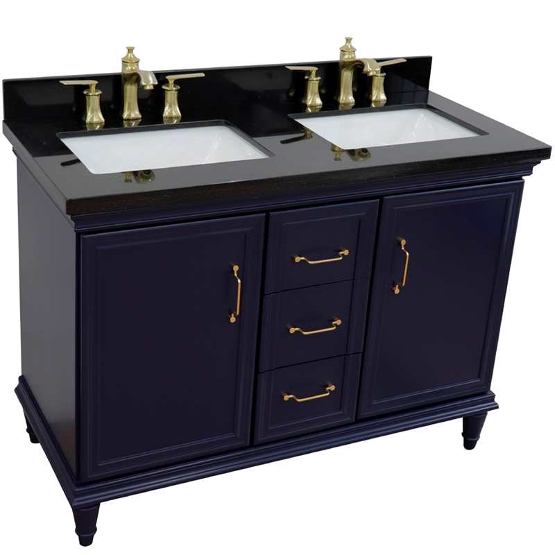 49 in. Double Wooden Vanity Blue with Black Galaxy Rectangle Sink