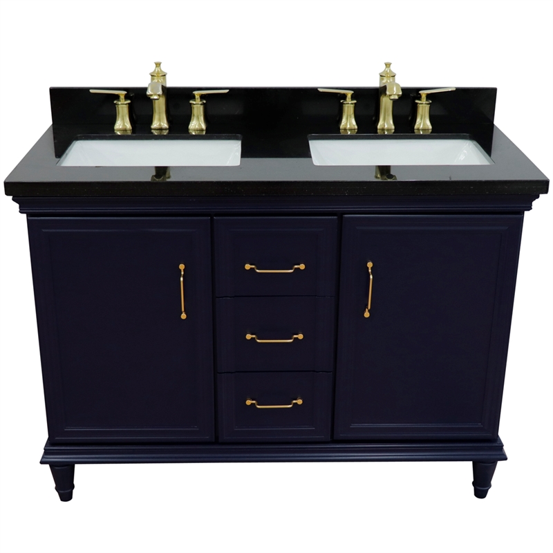 49 in. Double Wooden Vanity Blue with Black Galaxy Rectangle Sink