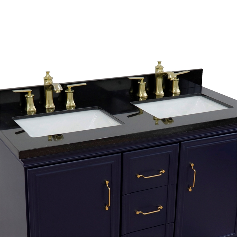 49 in. Double Wooden Vanity Blue with Black Galaxy Rectangle Sink