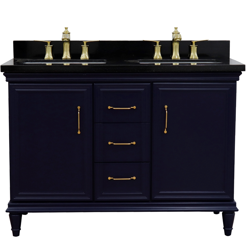 49 in. Double Wooden Vanity Blue with Black Galaxy Rectangle Sink