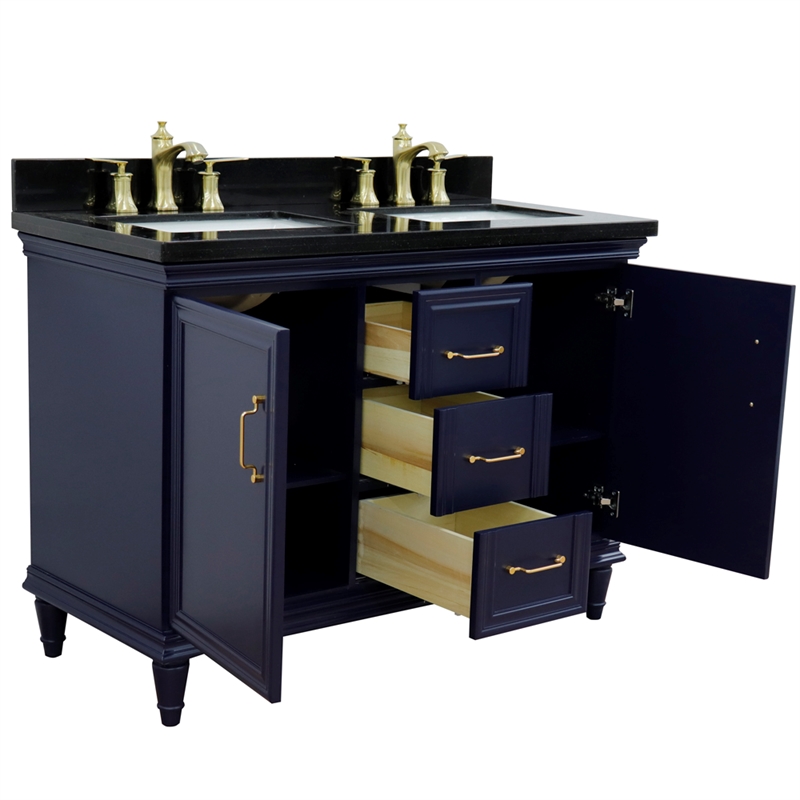 49 in. Double Wooden Vanity Blue with Black Galaxy Rectangle Sink