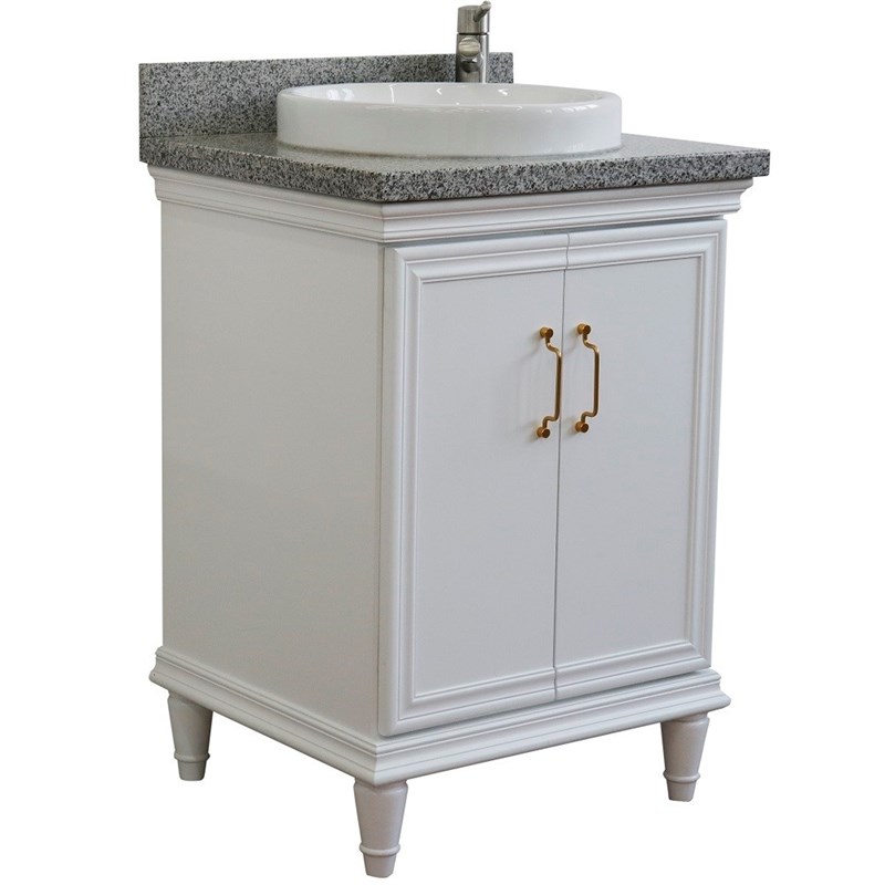 25 in. Single Wooden Vanity  White with Gray Granite Round Sink