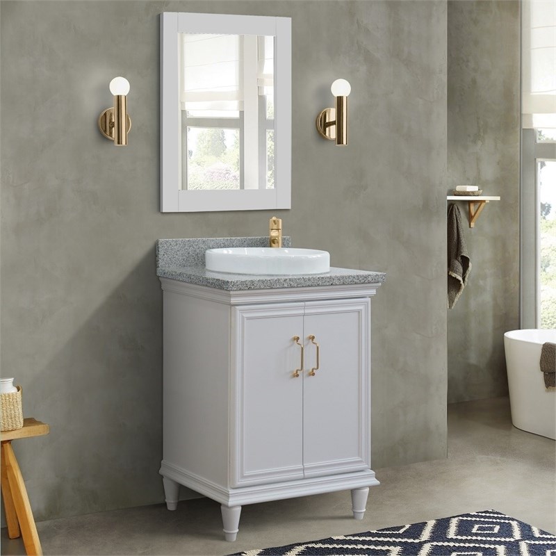 25 in. Single Wooden Vanity  White with Gray Granite Round Sink
