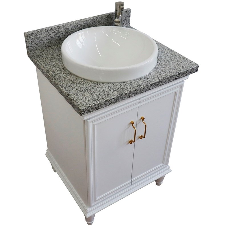 25 in. Single Wooden Vanity  White with Gray Granite Round Sink