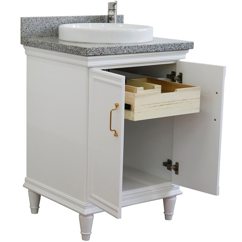 25 in. Single Wooden Vanity  White with Gray Granite Round Sink