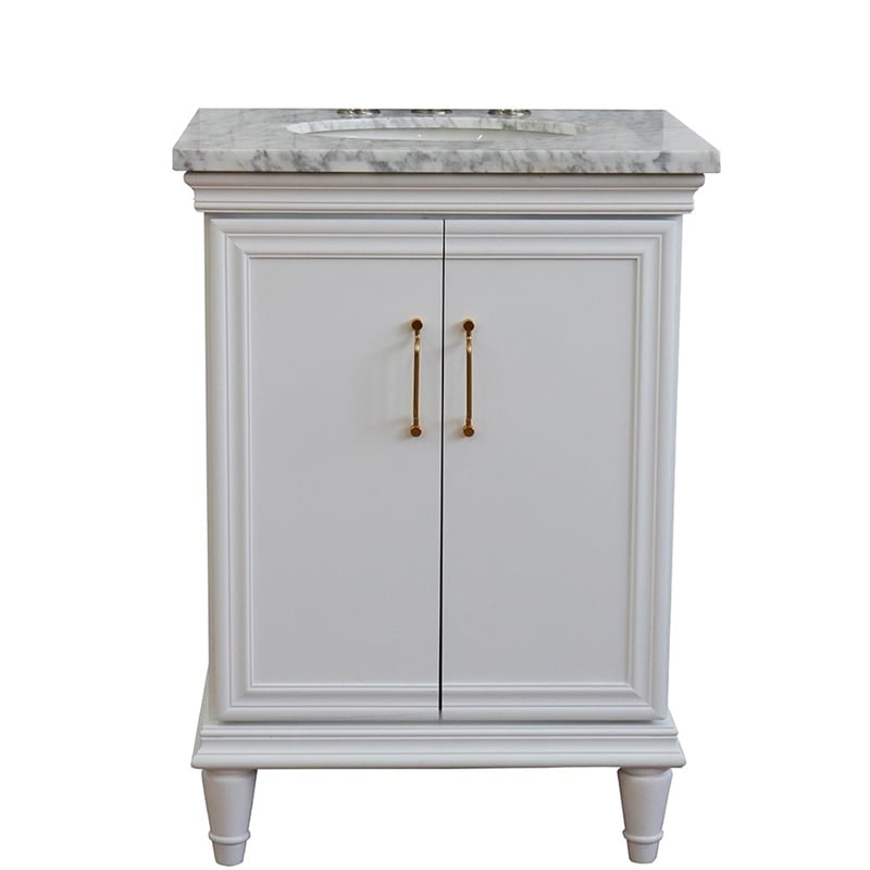 25 in. Single Wooden Vanity  White with White Carrara Oval Sink