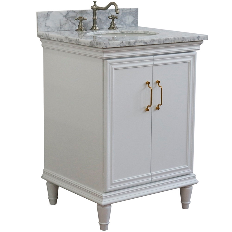 25 in. Single Wooden Vanity  White with White Carrara Oval Sink