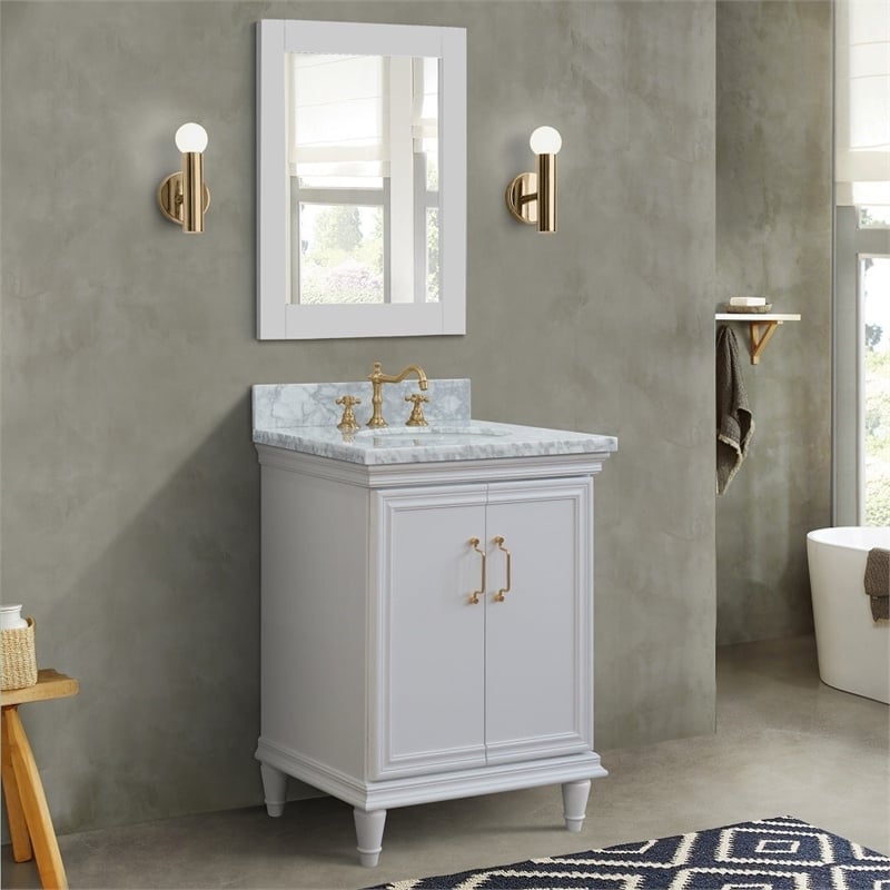 25 in. Single Wooden Vanity  White with White Carrara Oval Sink