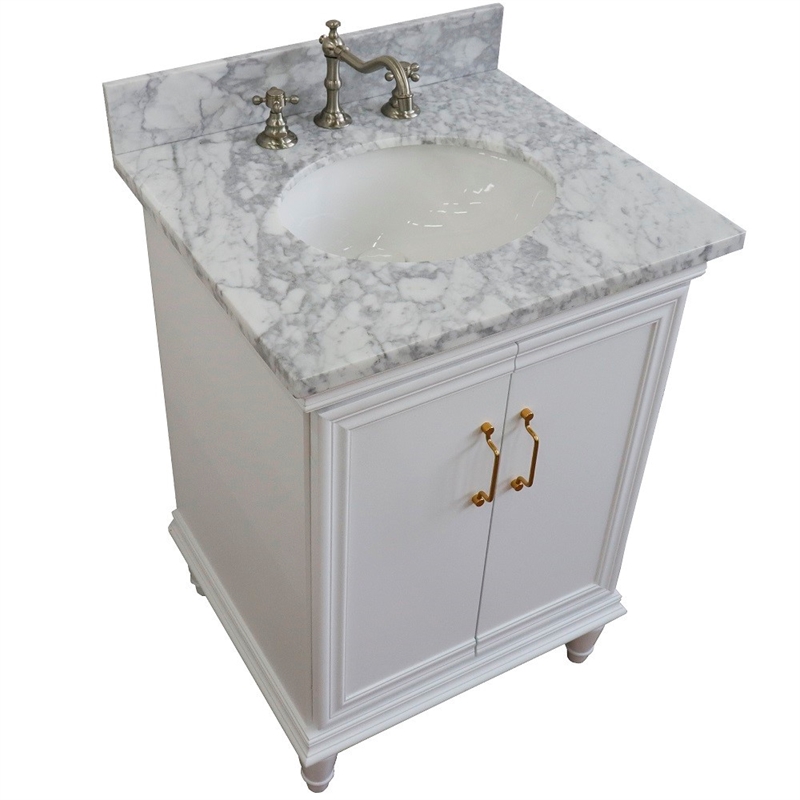 25 in. Single Wooden Vanity  White with White Carrara Oval Sink