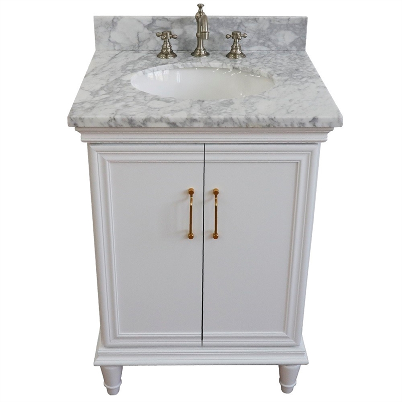 25 in. Single Wooden Vanity  White with White Carrara Oval Sink