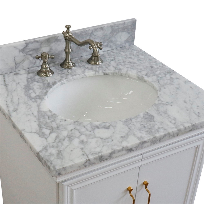 25 in. Single Wooden Vanity  White with White Carrara Oval Sink
