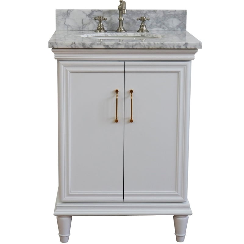 25 in. Single Wooden Vanity  White with White Carrara Oval Sink
