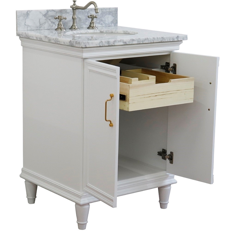25 in. Single Wooden Vanity  White with White Carrara Oval Sink
