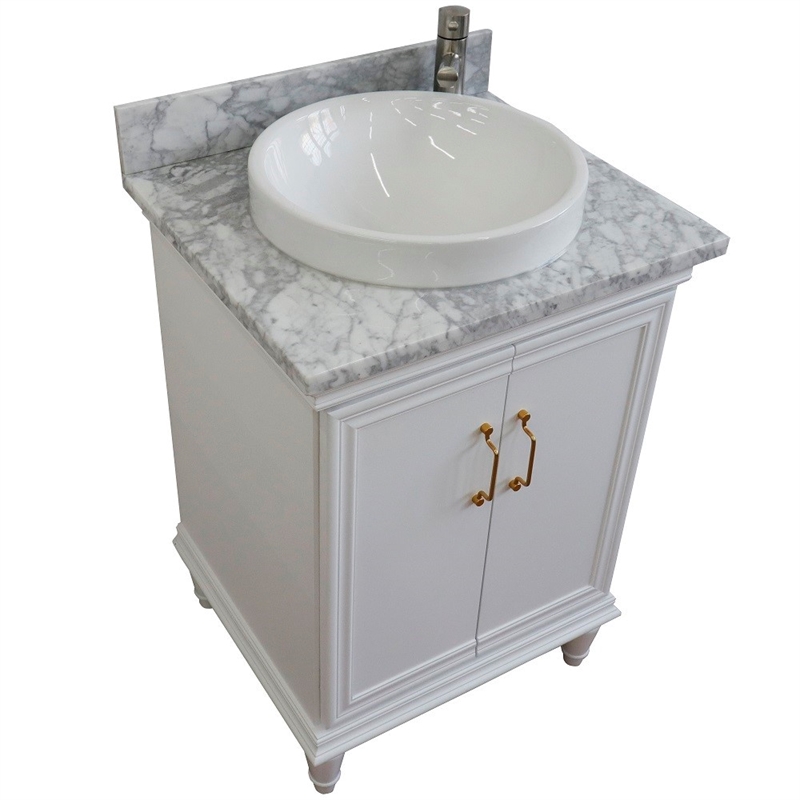 25 in. Single Wooden Vanity  White with White Carrara Rectangle Sink