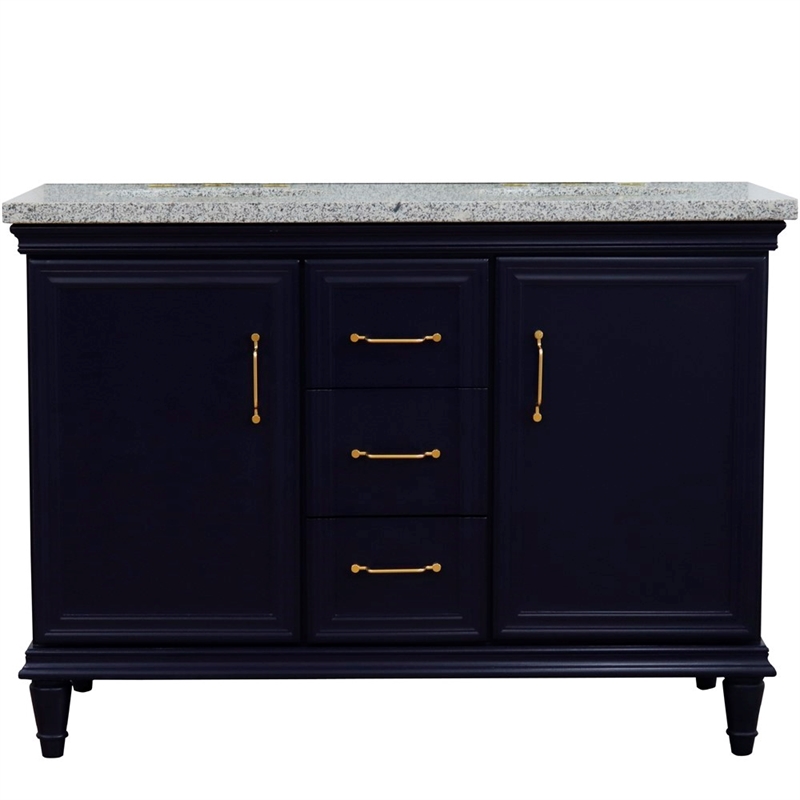 49 in. Double Wooden Vanity Blue with Gray Granite Oval Sink