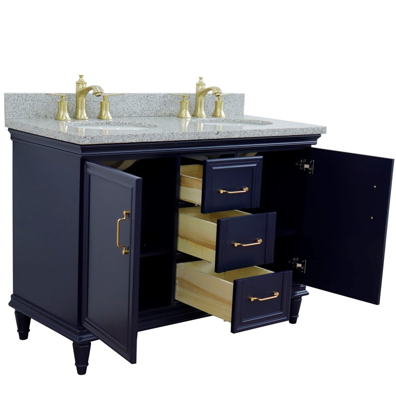 49 in. Double Wooden Vanity Blue with Gray Granite Oval Sink