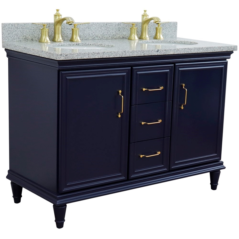 49 in. Double Wooden Vanity Blue with Gray Granite Oval Sink