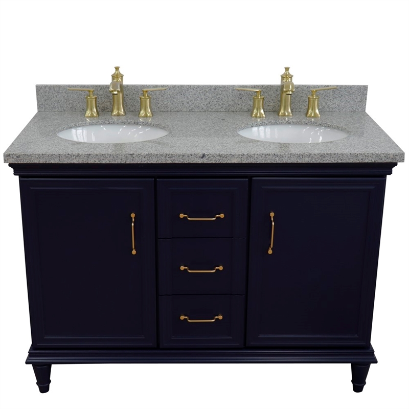49 in. Double Wooden Vanity Blue with Gray Granite Oval Sink