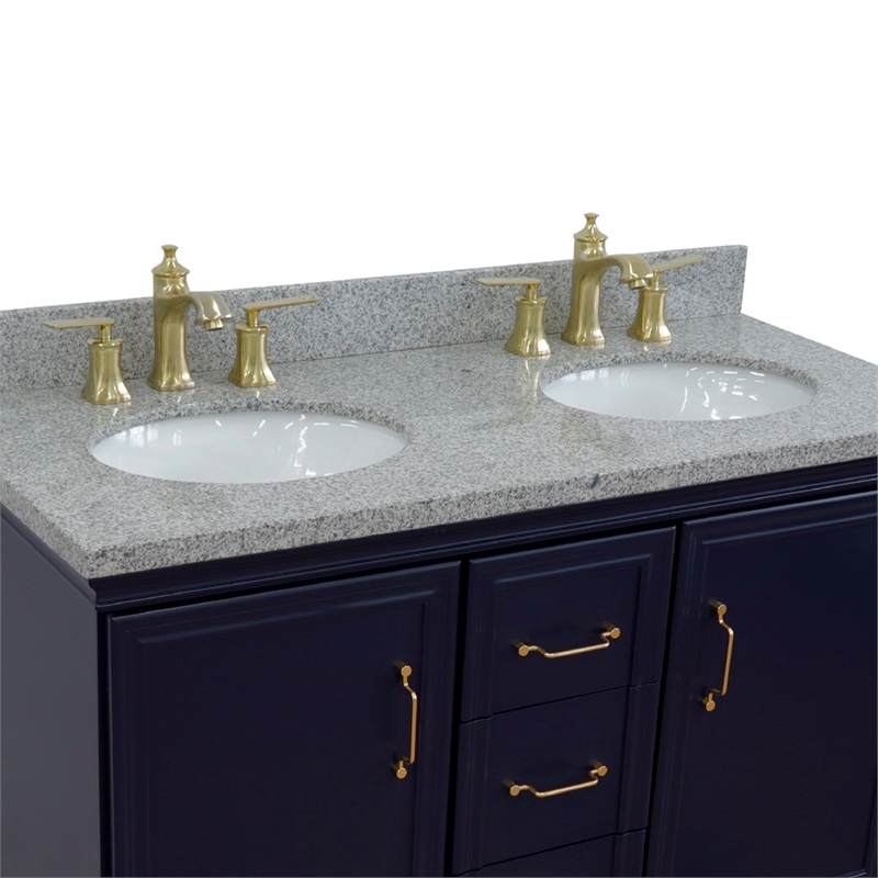 49 in. Double Wooden Vanity Blue with Gray Granite Oval Sink