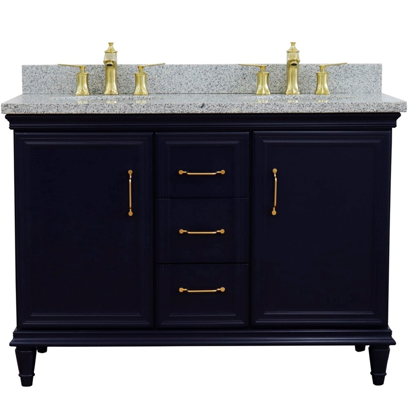 49 in. Double Wooden Vanity Blue with Gray Granite Oval Sink