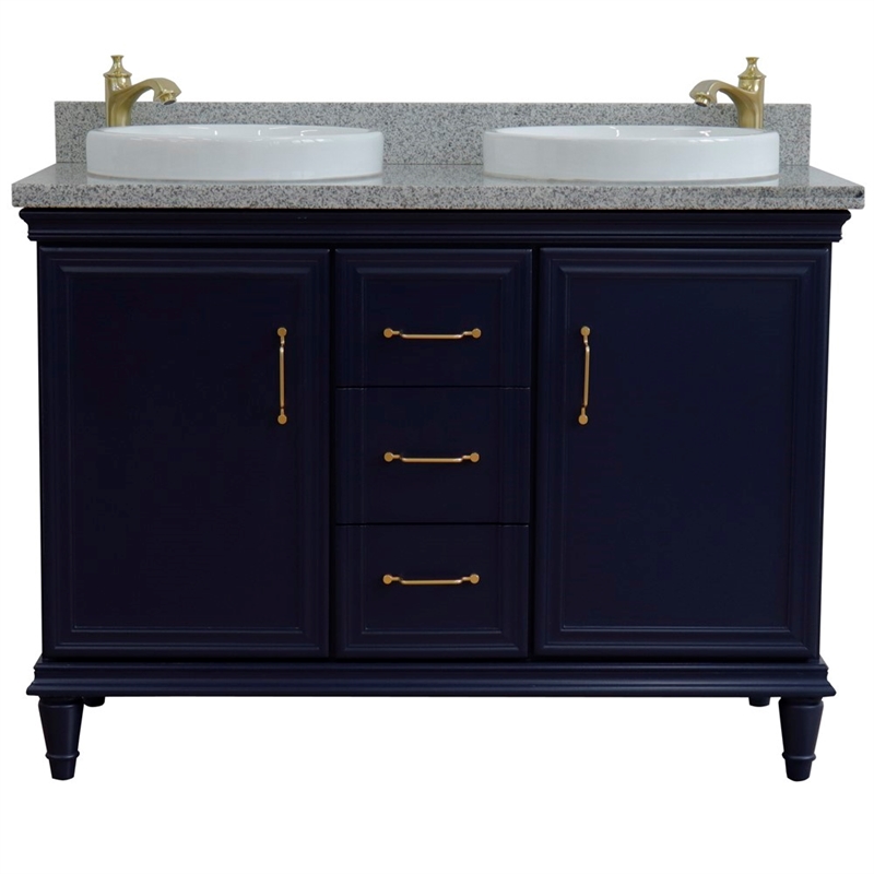 49 in. Double Wooden Vanity Blue with Gray Granite Round Sink