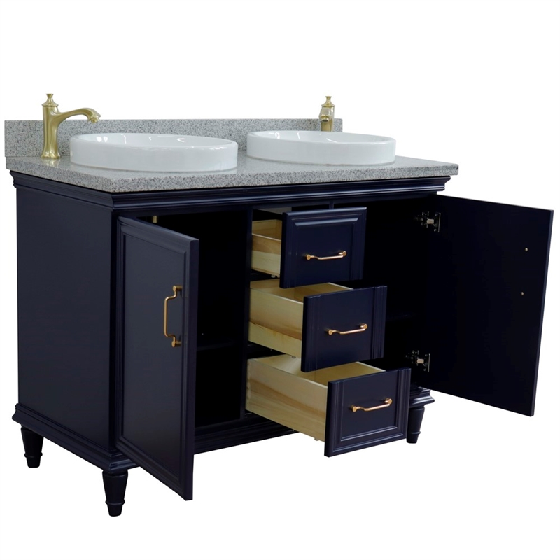49 in. Double Wooden Vanity Blue with Gray Granite Round Sink