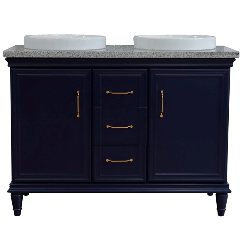 49 in. Double Wooden Vanity Blue with Gray Granite Round Sink
