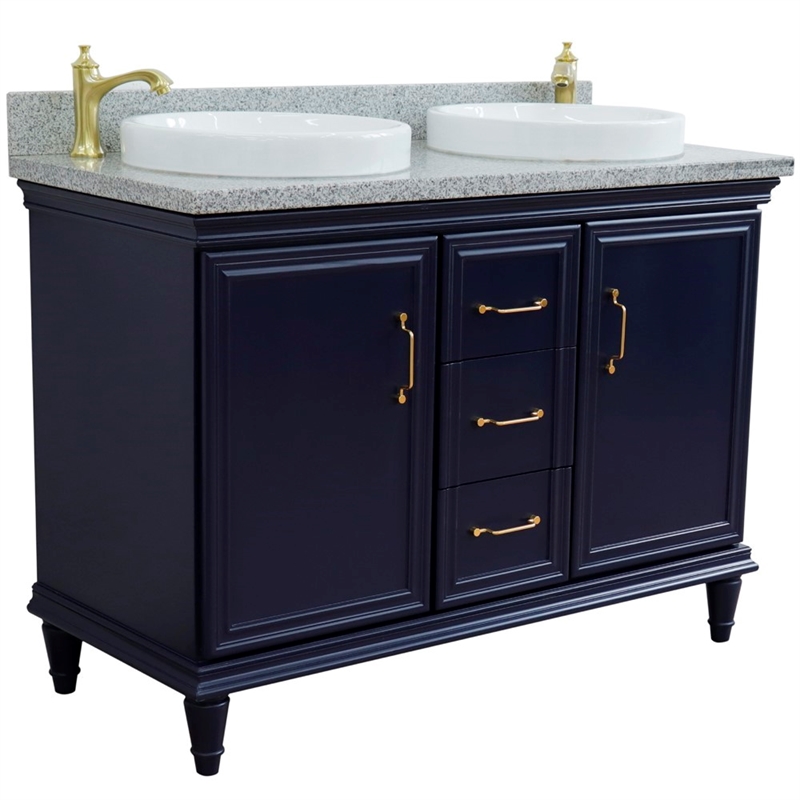 49 in. Double Wooden Vanity Blue with Gray Granite Round Sink