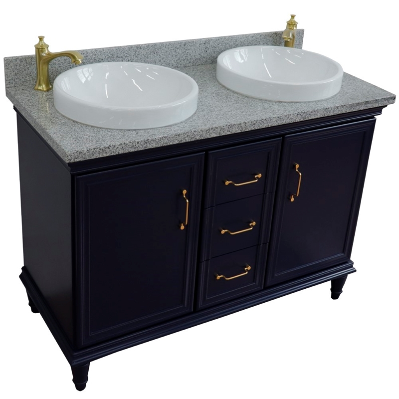 49 in. Double Wooden Vanity Blue with Gray Granite Round Sink