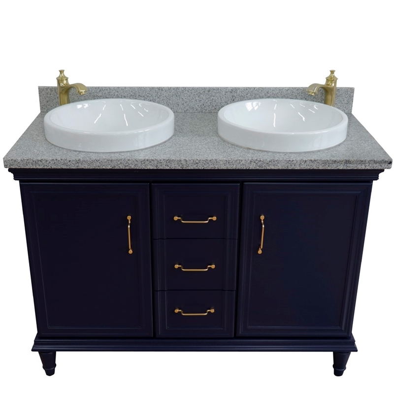 49 in. Double Wooden Vanity Blue with Gray Granite Round Sink