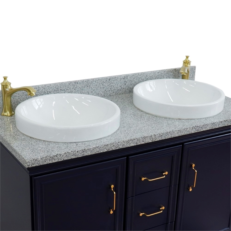 49 in. Double Wooden Vanity Blue with Gray Granite Round Sink