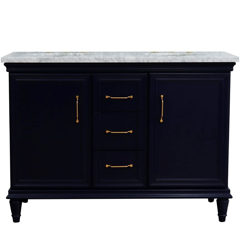 49 in. Double Wooden Vanity Blue with White Carrara Oval Sink