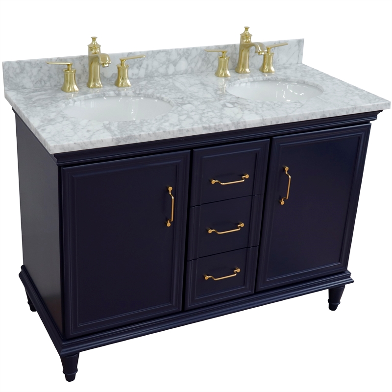 49 in. Double Wooden Vanity Blue with White Carrara Oval Sink